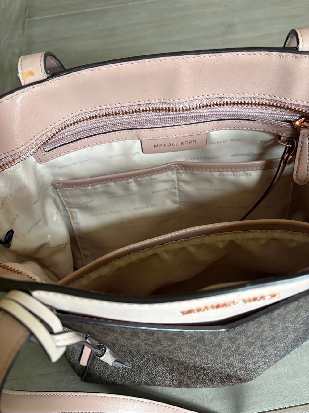 Michael Kors Brown Signature Tote with Pale Pink Trim